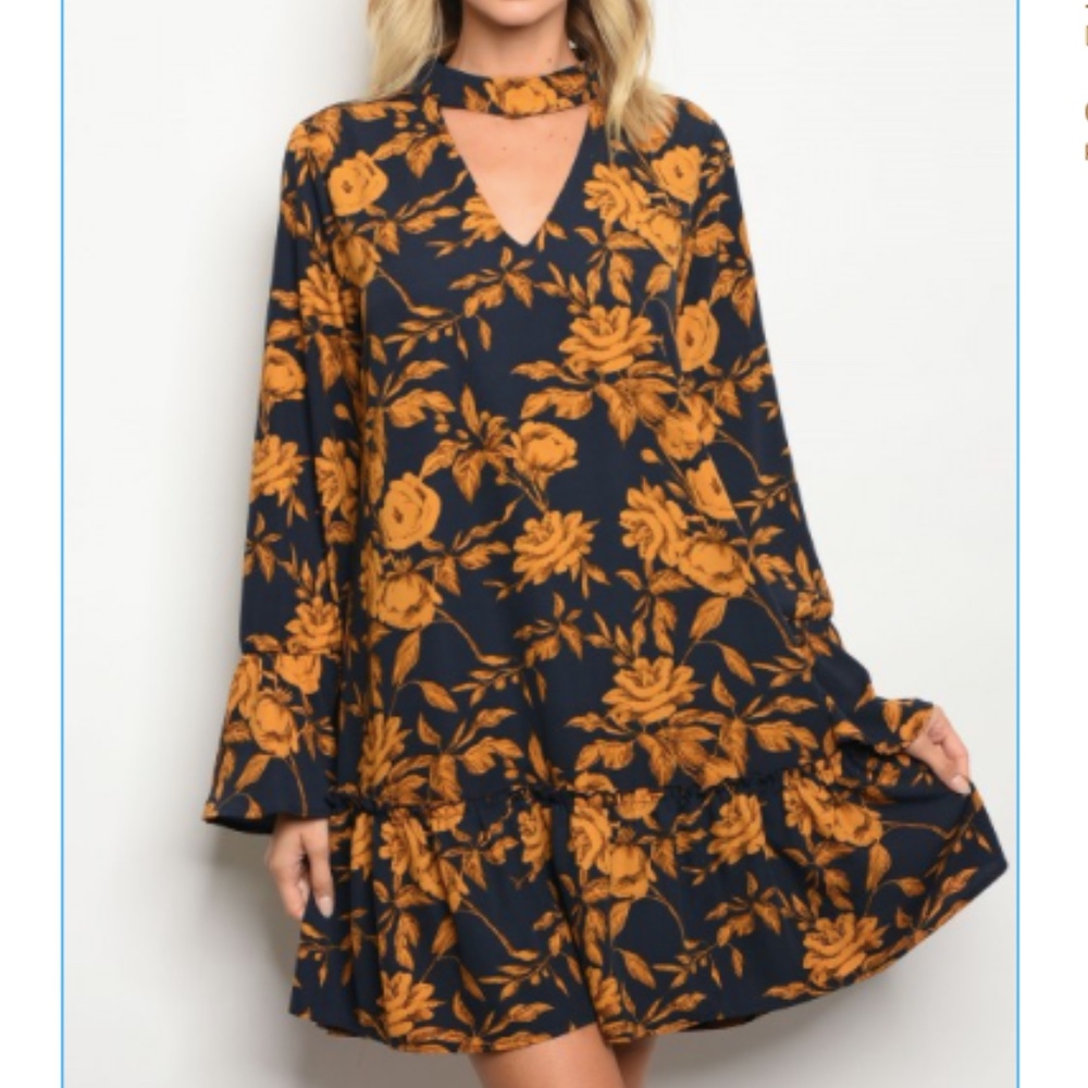 Keyhole Navy and Mustard Floral Dress